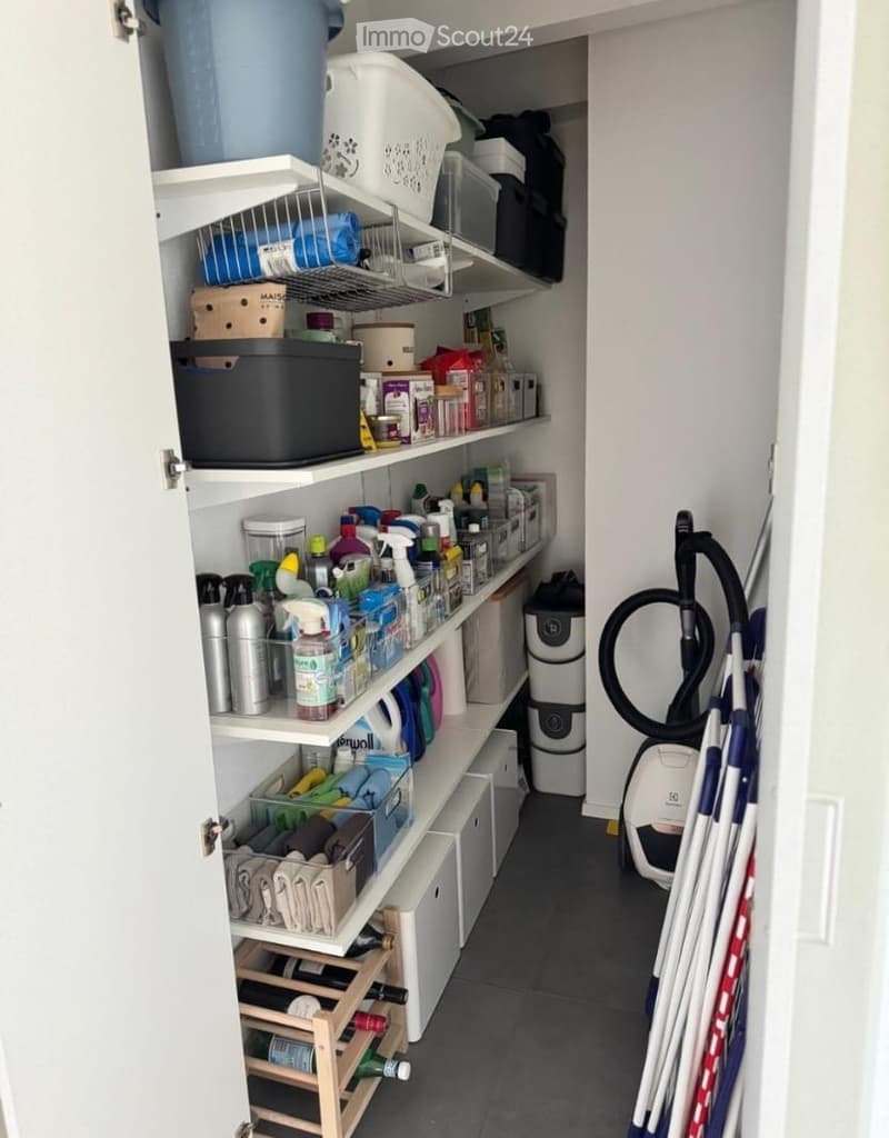 A well-organized closet with multiple shelves holding cleaning supplies, storage bins, and other household items. A vacuum cleaner and broom are leaning against the wall.