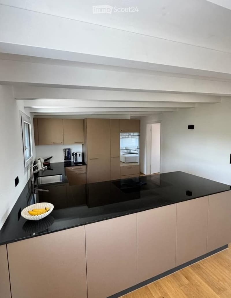 Modern kitchen with light wood cabinets, black countertops, stainless steel sink, and built-in appliances.
