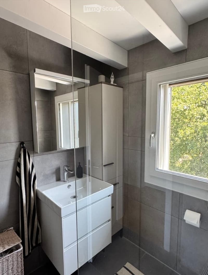 Modern bathroom with a white sink, mirrored cabinet, and a window offering natural light.