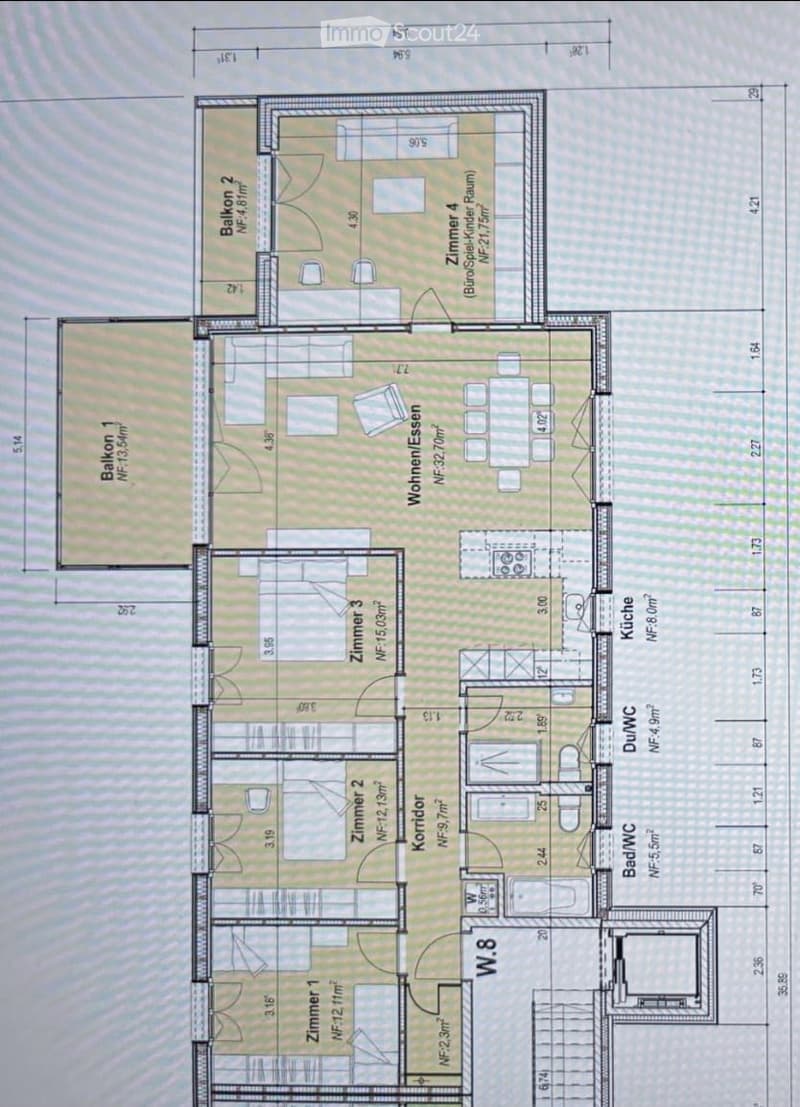 Floor plan of a residential unit with multiple rooms including living/dining area, kitchen, bedrooms, bathrooms, and two balconies.
