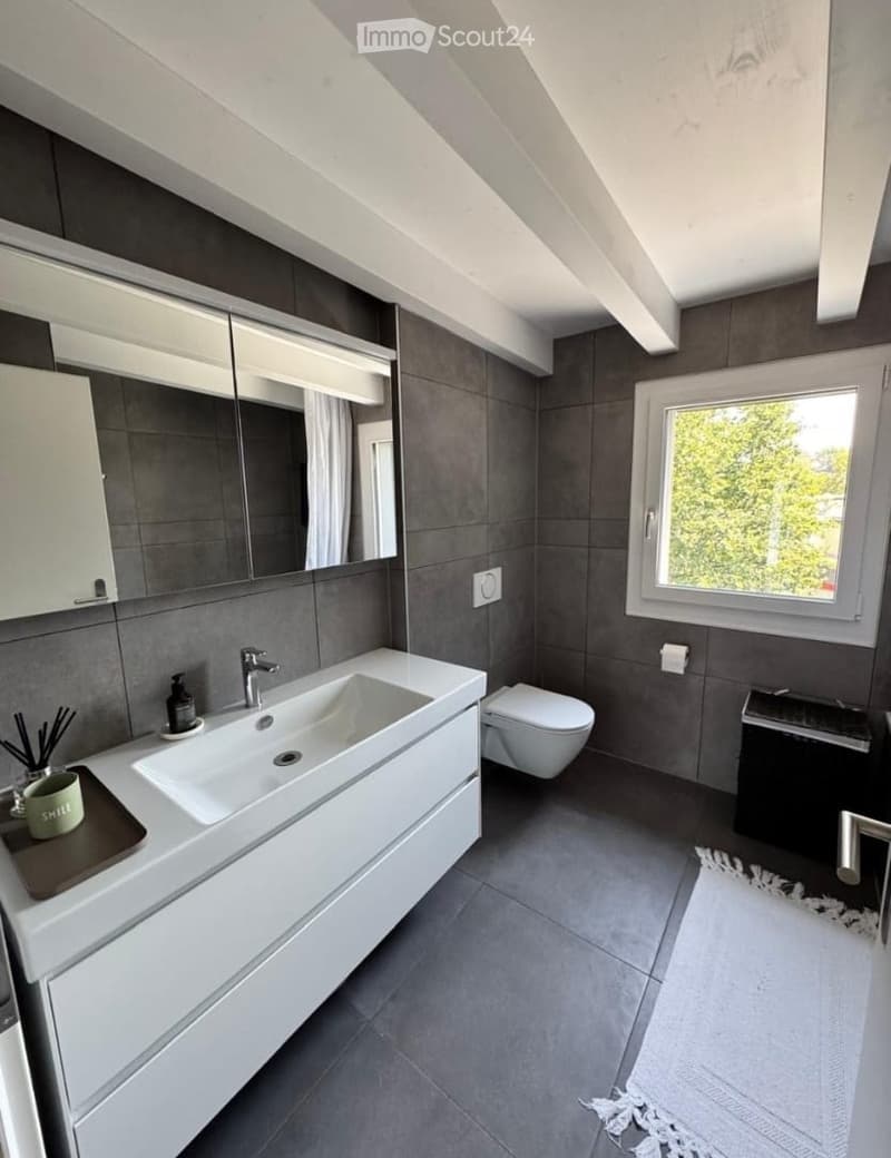 Modern bathroom with grey tiles, white sink, mirror, toilet, and a window offering a view of greenery.