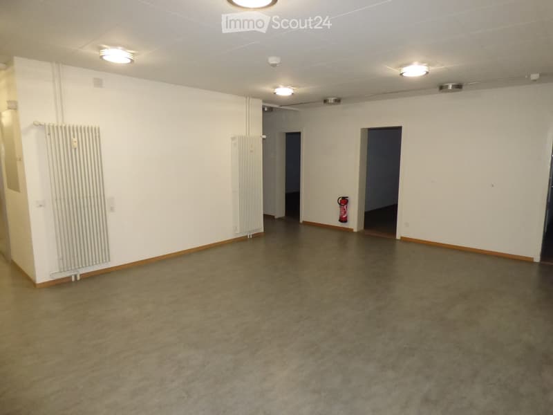 Empty room with white walls, concrete floor, and two radiators. There are two doors leading to other spaces and a fire extinguisher on the wall.