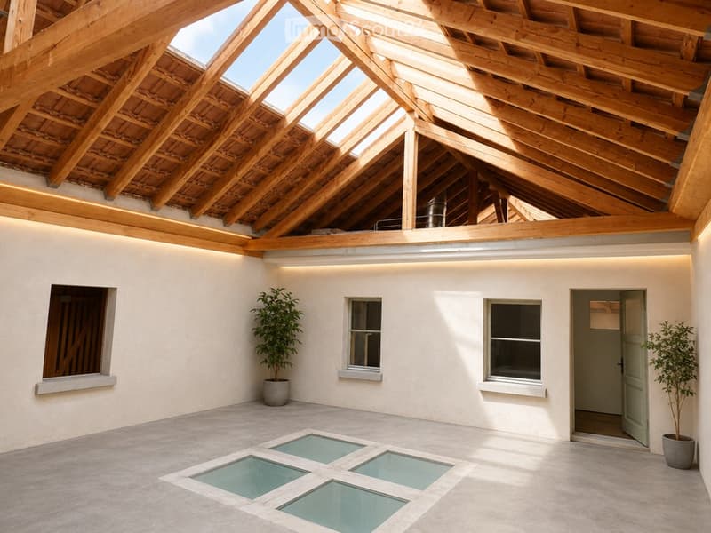 Open, airy room with exposed wooden beams and skylights, concrete floor, white walls, and large windows. Two potted plants are placed near the walls, and a door leads to another space.