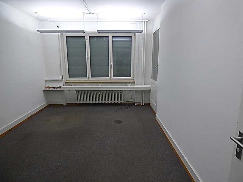 Empty room with white walls, grey carpet, large windows, and a radiator under the windows.