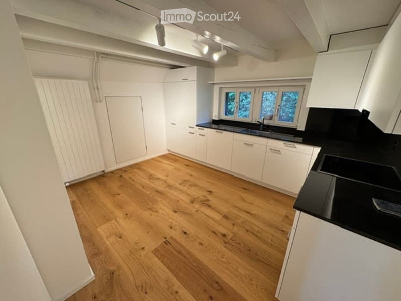 Modern kitchen with white cabinets, black countertops, and wooden flooring. Features a sink with a window above it.
