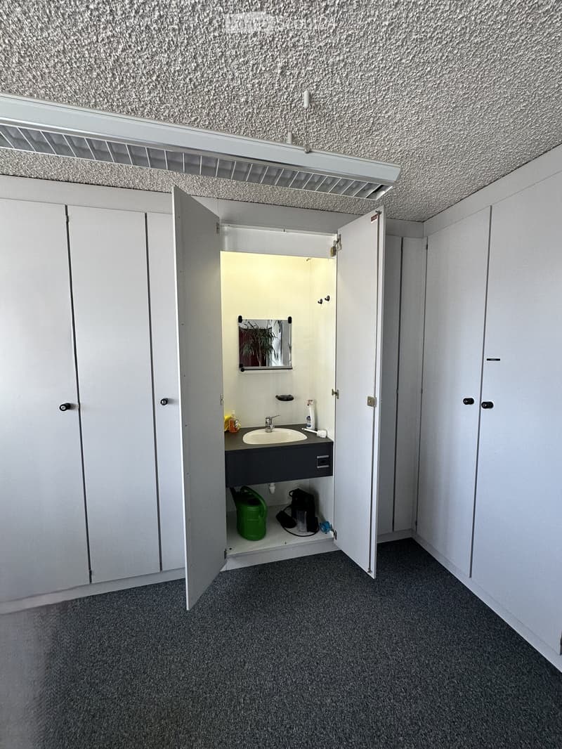 Compact bathroom with a sink, mirror, and storage cabinets. The sink area includes a faucet, toiletries, and a small cabinet below. A green garden hose is stored in the cabinet, along with other small items.