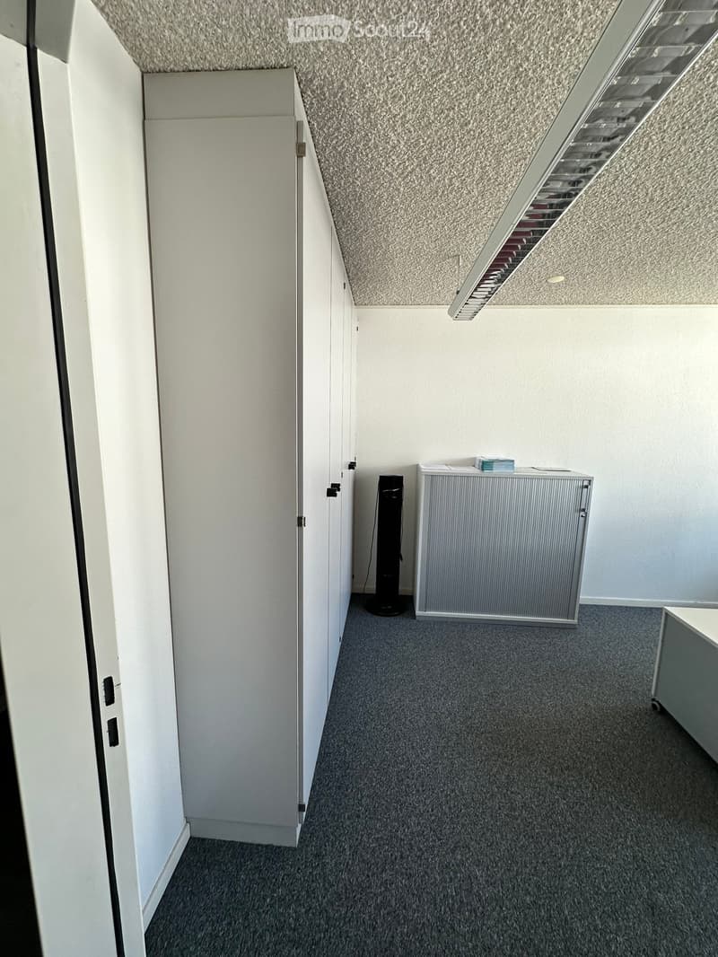 Empty room with grey carpeted floor, white walls, and a slanted ceiling with skylight. Includes a radiator and a tall speaker.