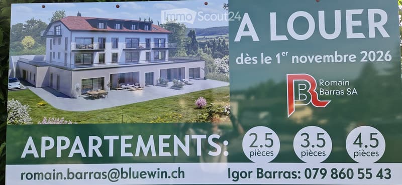 Promotional poster for a house with a modern design, featuring multiple balconies, large windows, and a spacious outdoor area with seating and a dining table.