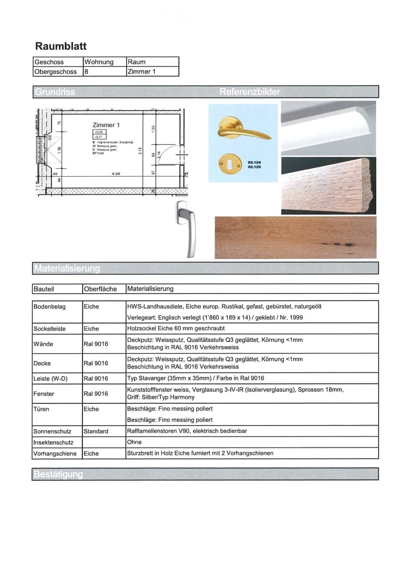 Floor plan of a room labeled "Zimmer 1" on the upper floor, showing dimensions and layout. Includes reference images of door handles, wood samples, and other materials.
