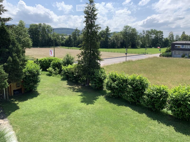 Well-maintained lawn with trimmed bushes and trees, surrounded by a rural landscape with fields and a road.