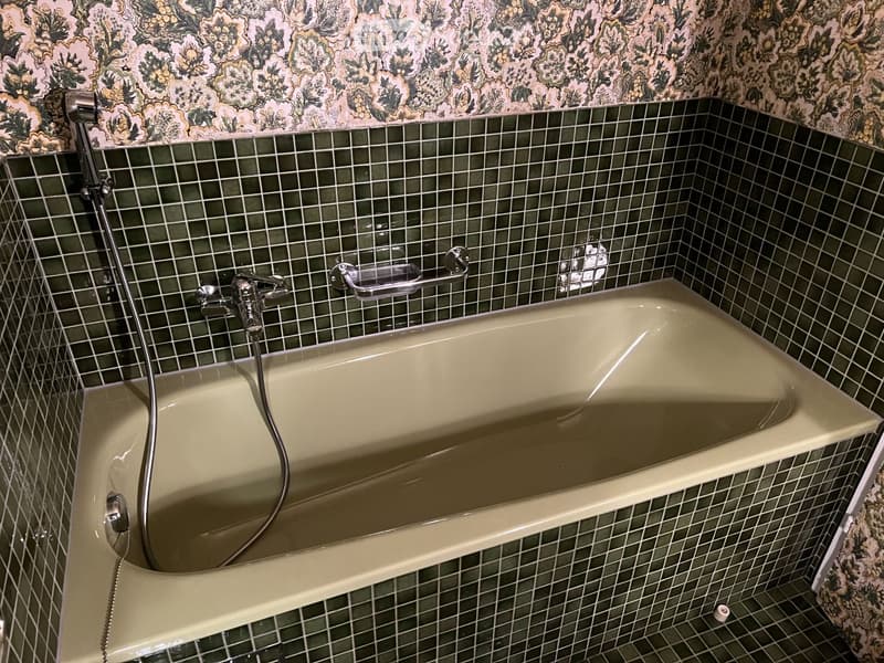 Bathtub with a modern faucet and a handrail, surrounded by green tiled walls and a floral-patterned upper wall.