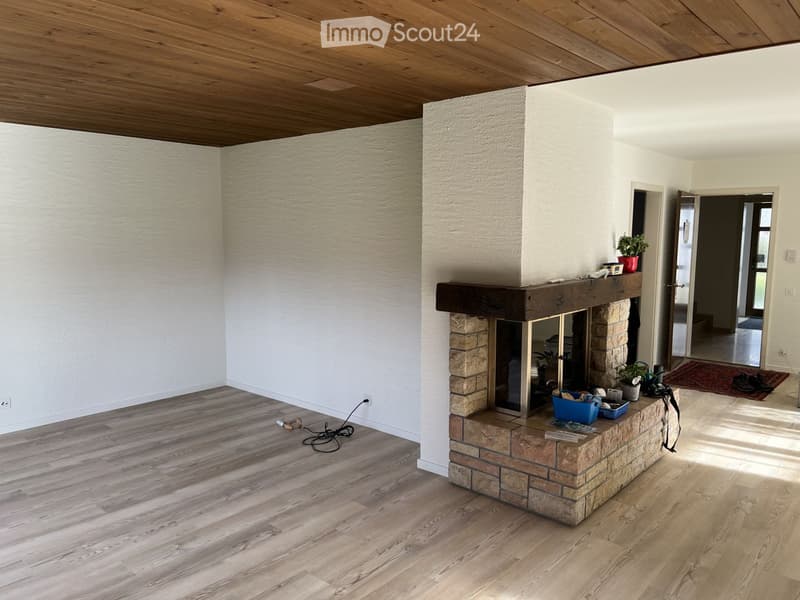 Living room with wooden flooring, exposed wooden ceiling, and a stone fireplace. There are small plants and a camera on the mantel, and a basket on the floor near the fireplace.