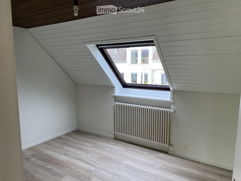 Empty attic room with wooden flooring, white walls, a skylight window, and a radiator.