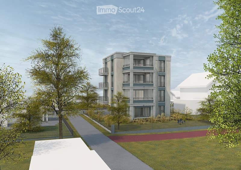 Modern multi-story apartment building with balconies, surrounded by greenery and pathways.