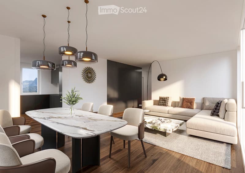 Modern living and dining area with a white sofa, coffee table, dining table with chairs, pendant lights, and a floor lamp. The space features a sleek design with a mix of white and dark wood finishes.