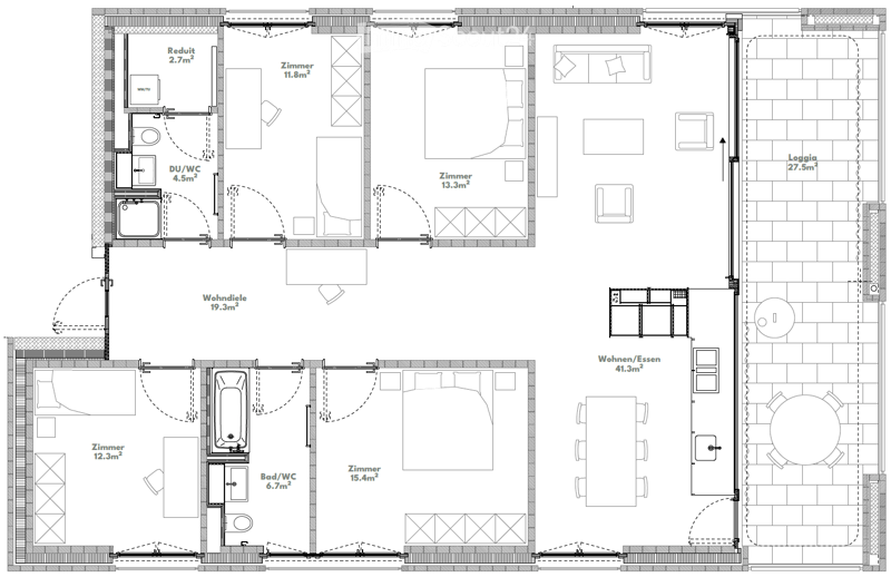 Floor plan of a multi-room apartment with labeled areas including living/dining, bedrooms, bathrooms, and a loggia.