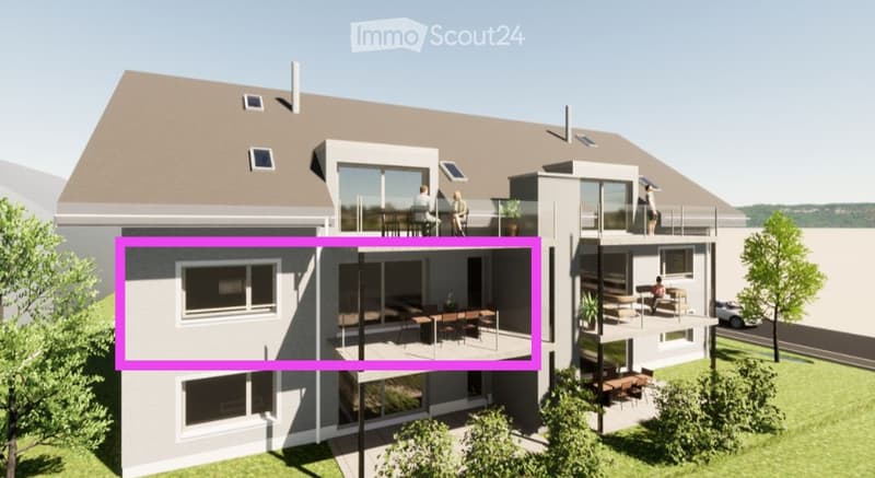 Modern two-story house with multiple balconies, large windows, and a spacious outdoor dining area on the lower level.