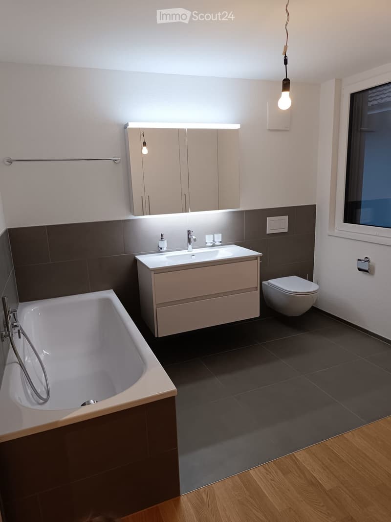 Modern bathroom with a bathtub, sink, toilet, and mirrored cabinet. Dark tiled walls and floor, wooden flooring at the entrance.