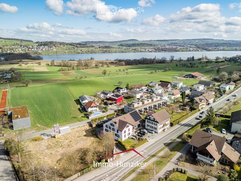 Aerial view of a residential area with multiple houses, green fields, a lake, and a road network.