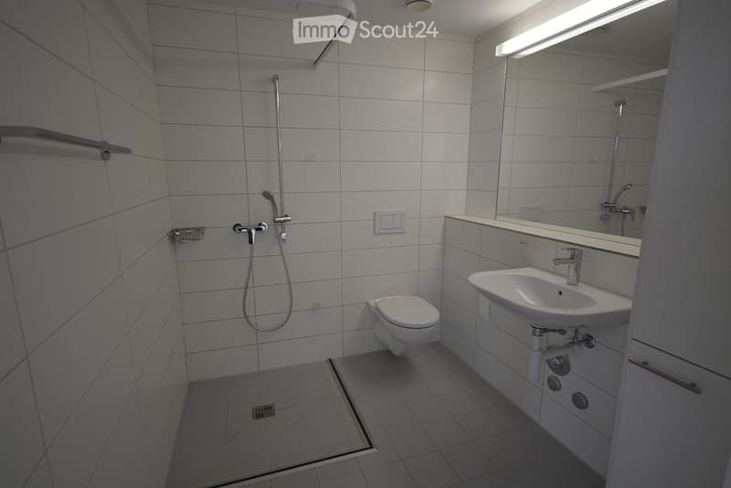 Modern bathroom with white tiles, a toilet, a sink with a mirror, and a shower area.