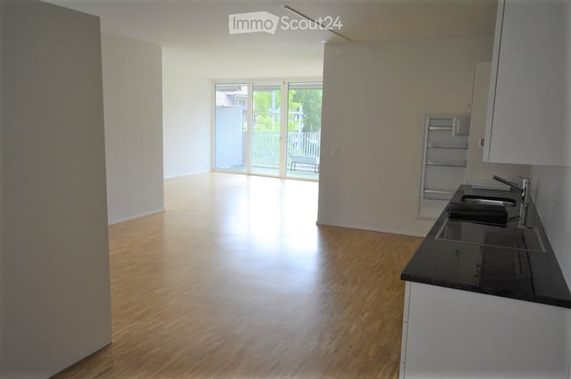 Empty room with wooden flooring, white walls, and a small kitchen area with a sink and cabinets. Large sliding glass doors lead to a balcony.