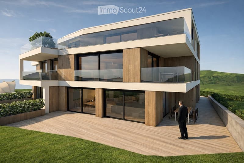 modern design, multiple levels, large glass windows, wooden and white materials, outdoor terrace, green surroundings