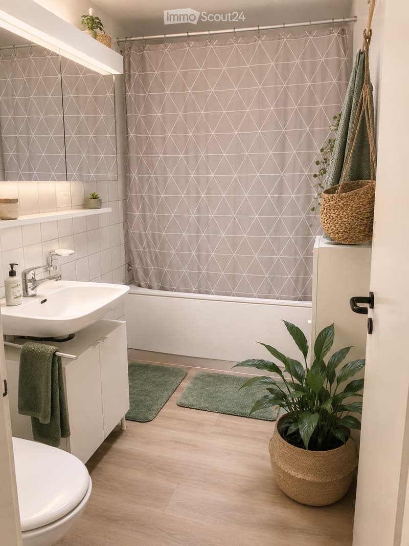 Modern bathroom with white tiles, a sink, bathtub, toilet, and green towels. Features a large potted plant and a woven basket on the shelf.