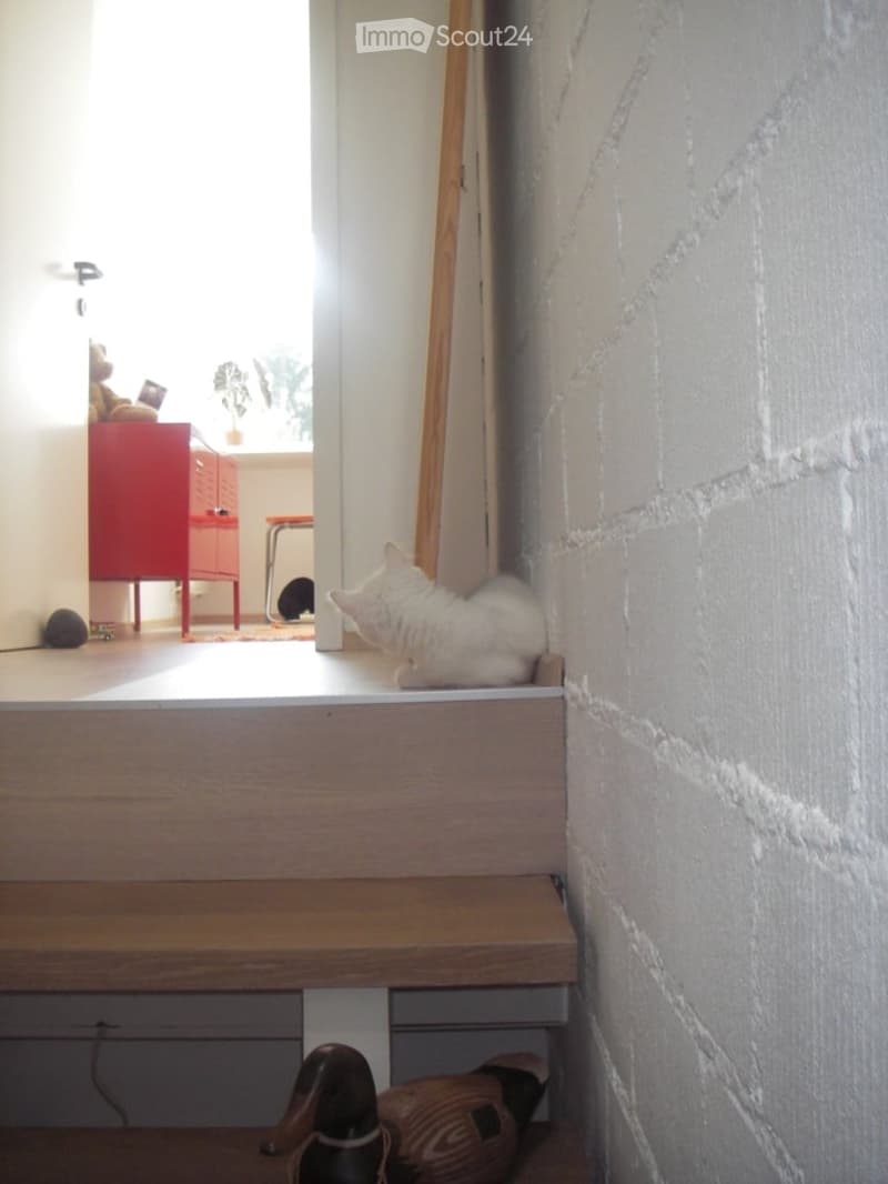 A narrow hallway with wooden stairs, a white cat sitting on the edge of the stairs, and a view into an adjacent room with a red cabinet, a small table, and a potted plant.