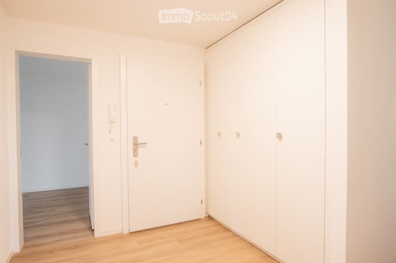 Empty room with light-colored walls, wooden flooring, and a closed white door leading to another space.