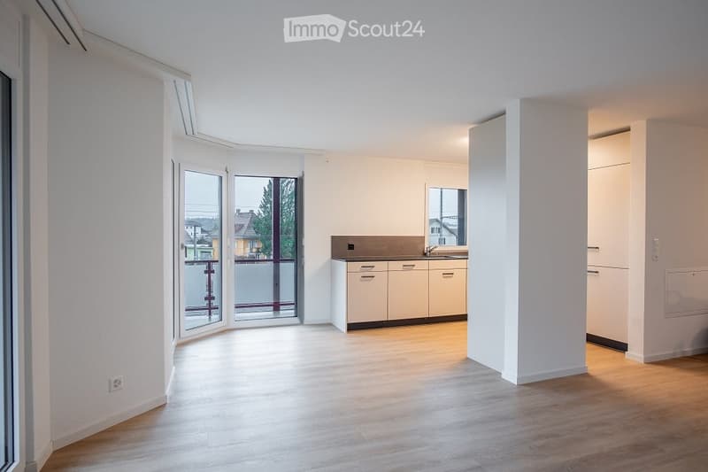 Bright, open-plan unfurnished room with wooden flooring, white walls, and a small kitchen area featuring cabinets and a sink. Large windows and a sliding glass door lead to a balcony.