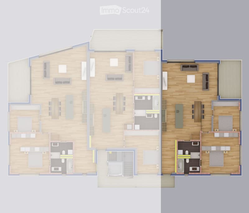 Floor plan of a multi-level house with multiple bedrooms, bathrooms, living areas, and a kitchen.