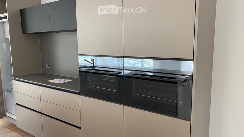 Modern kitchen with light-colored cabinets, black countertops, and built-in appliances including a sink and oven.