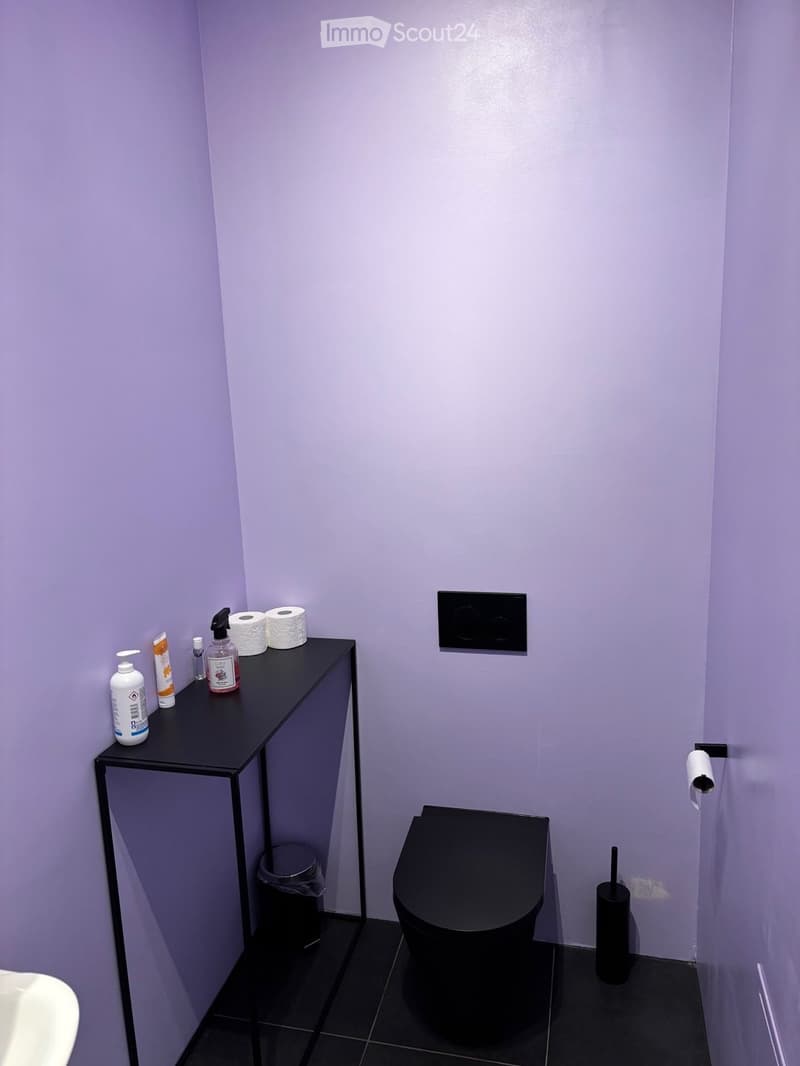 Modern bathroom with black toilet, sink, and toilet paper holder. Toilet paper and various toiletries are placed on a black shelf.