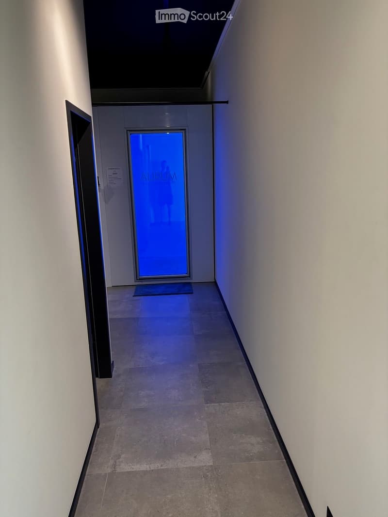 Modern hallway with white walls, gray tiled floor, and a blue-lit glass door at the end.