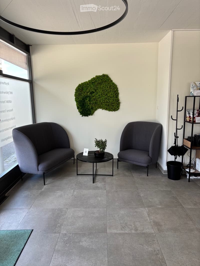 Modern, minimalist room with grey sofa, armchair, small black table, potted plant, and decorative wall greenery.