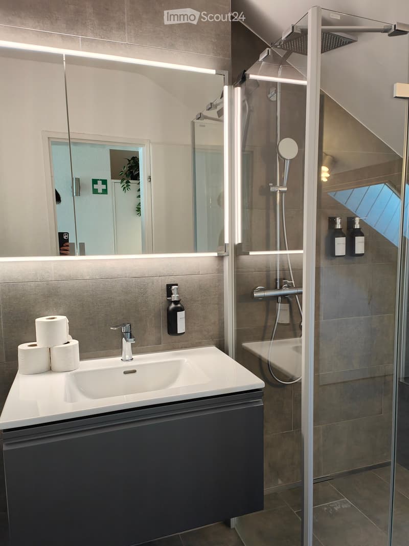 Modern bathroom with a white sink, chrome faucet, large mirror, toilet paper roll, and a glass-enclosed shower with a modern showerhead. The walls are tiled in a neutral color, and the floor is tiled in a dark tone.