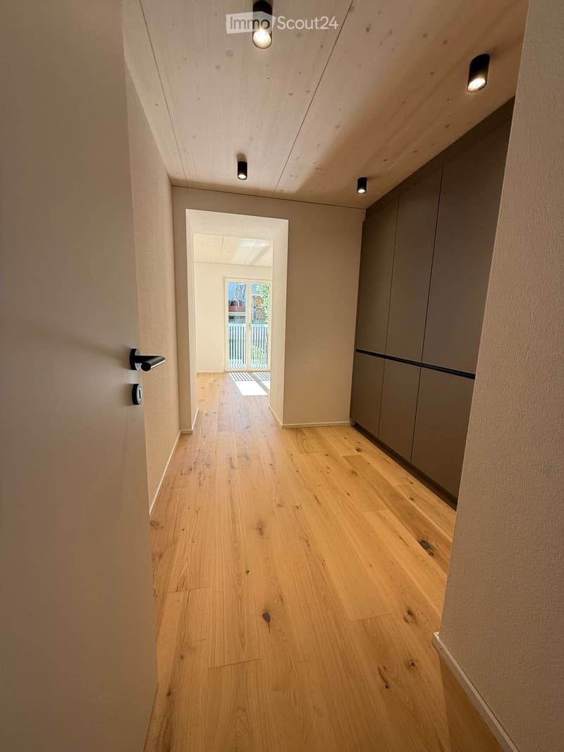 Modern hallway with light wooden flooring, recessed ceiling lights, and built-in storage units on one side. The hallway leads to an open area with large windows and a view of the outdoors.