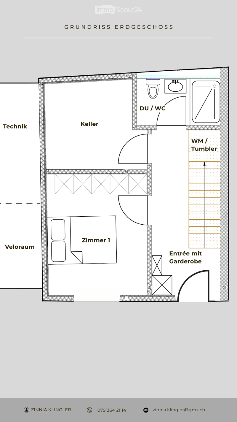 Ground floor layout showing a room labeled "Zimmer 1", a "Veloraum" (bicycle room), a "Technik" (technical room), a "Keller" (basement), a "DU/WC" (shower/toilet), a "WM/Tumbler" (laundry/dryer), and an "Entrée mit Garderobe" (entrance with coat closet).