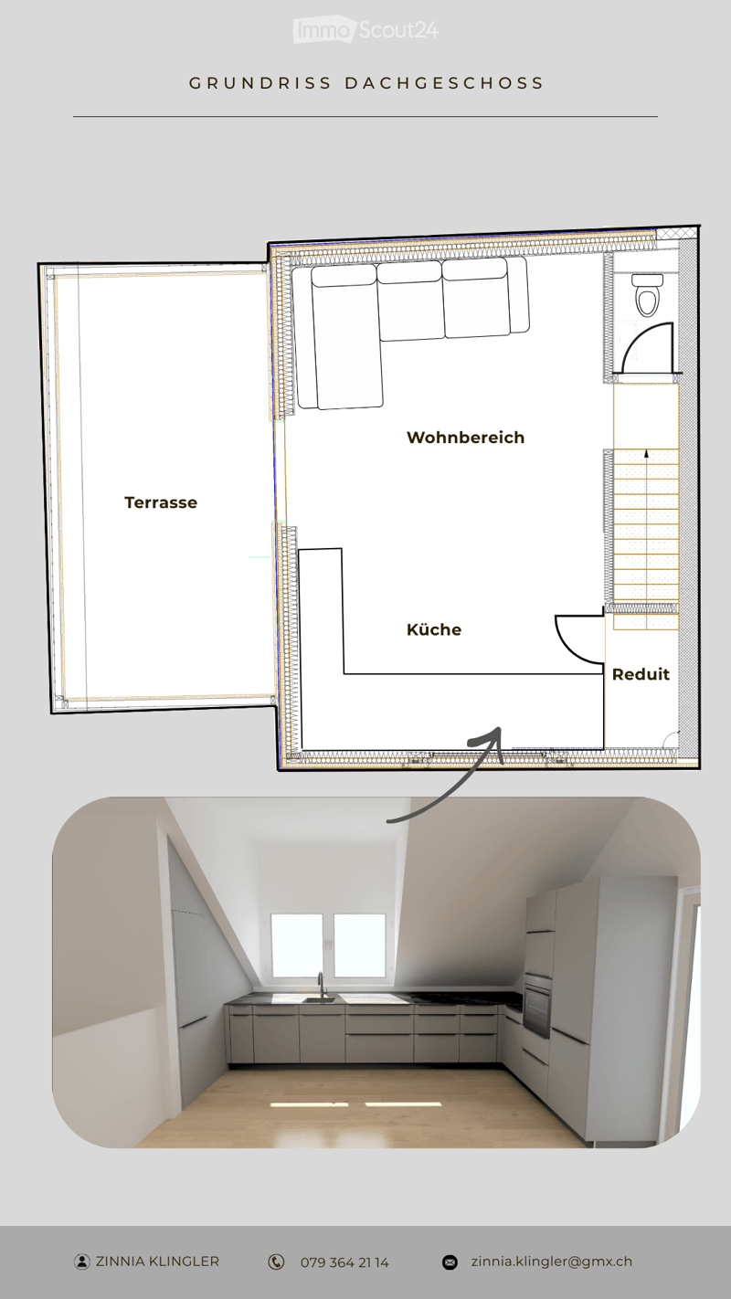 Floor plan of a roof-level apartment showing a living area, kitchen, and terrace. The layout includes a small bathroom and a storage closet.