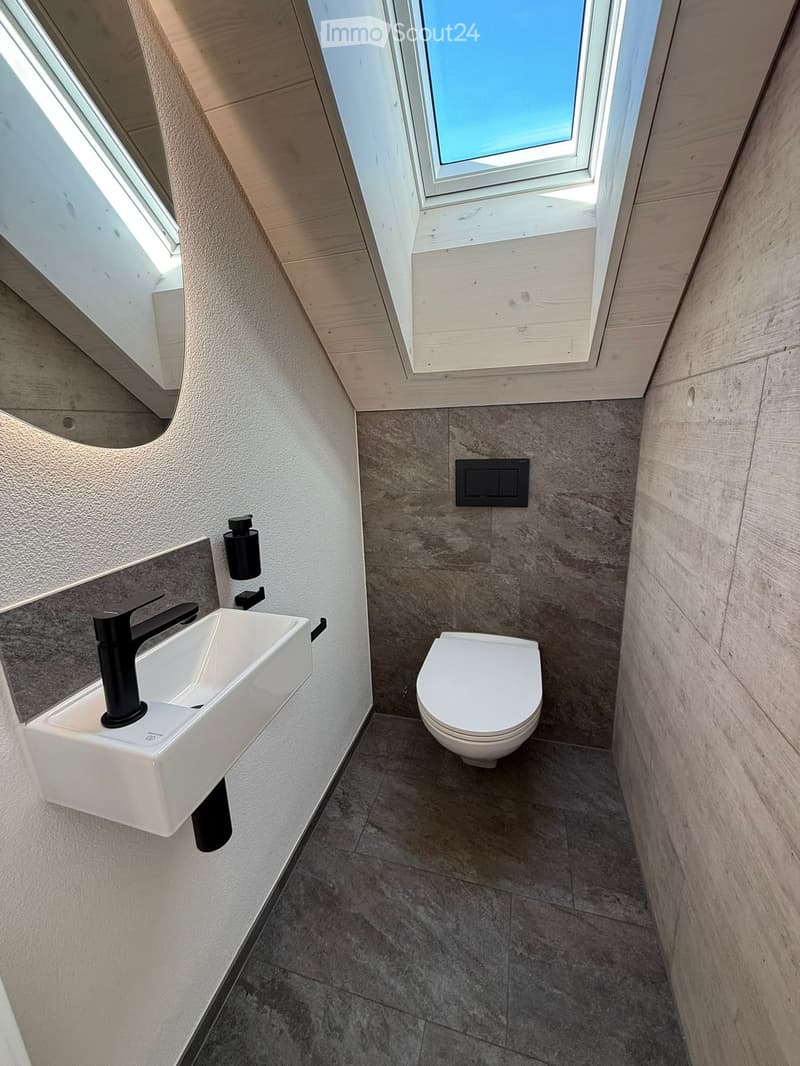 Modern bathroom with a white toilet, a white sink with a black faucet, and a sleek black soap dispenser. The walls are finished in light wood and stone tiles, with a skylight window above the toilet.