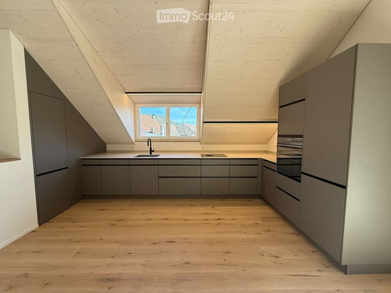 Modern, minimalist kitchen with grey cabinets, light wooden floor, and a window overlooking a roofed area.