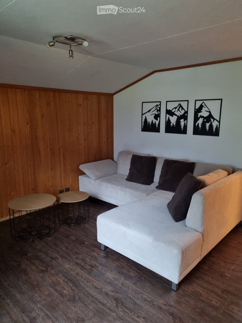 Living room with a large white sectional sofa, brown pillows, and two side tables. Wooden walls and floor.