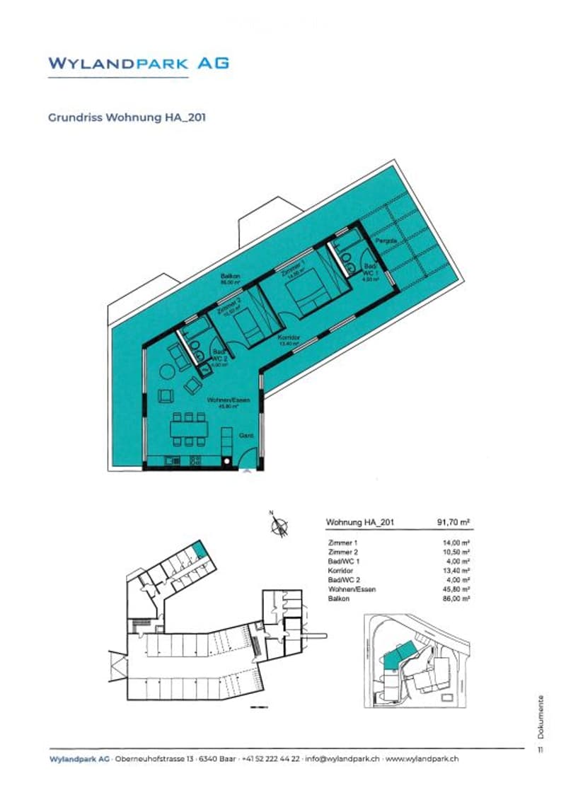 Floor plan of apartment HA_201 showing living room, kitchen, 2 bedrooms, 2 bathrooms, balcony.
