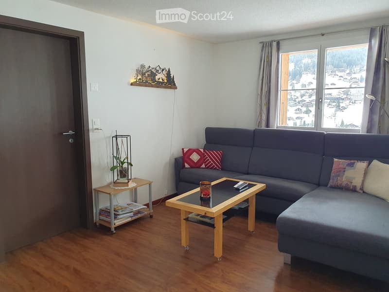 Modern living room with wooden flooring, large window overlooking a snowy landscape, grey sectional sofa with colorful cushions, coffee table with a candle and remote control, side table with a plant, and a decorative wall piece.