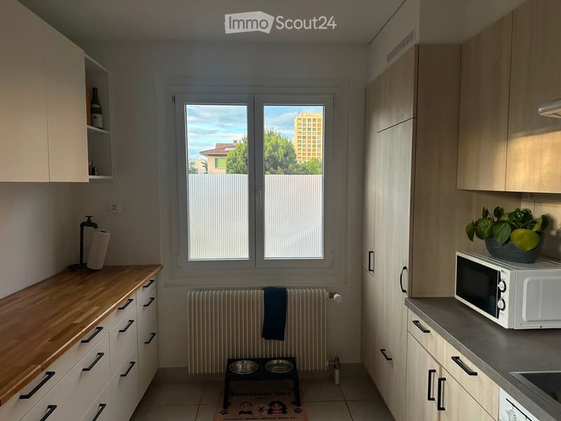 Modern kitchen with light wood cabinets, wooden countertops, a microwave, a bowl on the counter, a bottle on a shelf, a small stool with two bowls, a radiator with a towel, and a potted plant on the counter.