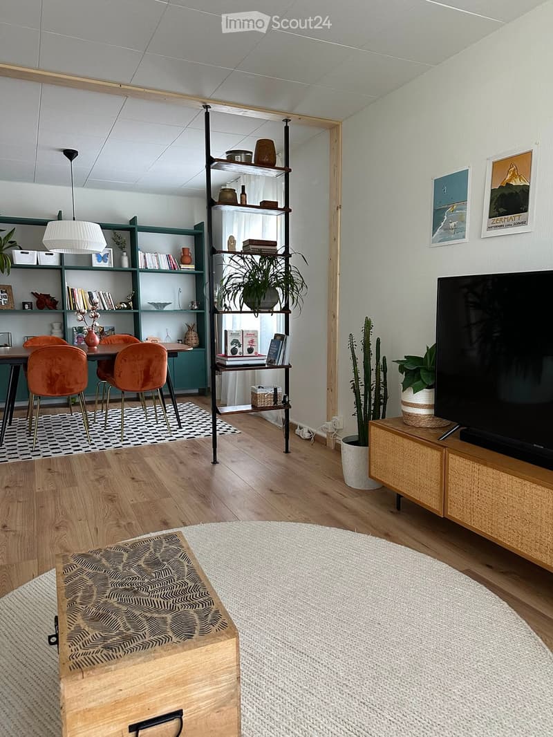 Modern living room with wooden flooring, white walls, and large windows. Features a sofa, coffee table, chairs, shelves with books and decor, a television on a wooden stand, and a patterned rug.