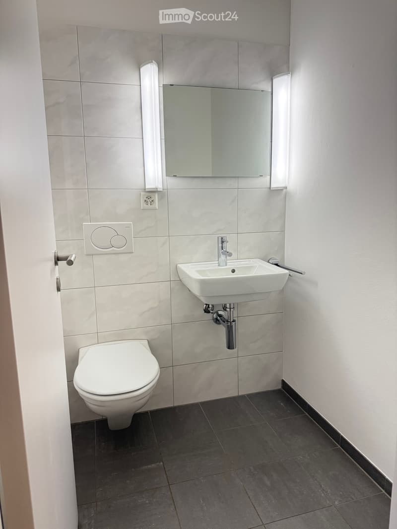 Modern bathroom with a white toilet, a white sink with a chrome faucet, a rectangular mirror, and grey tiled walls and dark grey tiled floor.