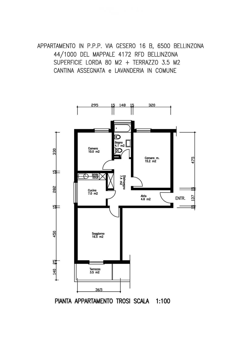 Floor plan of a 3-room apartment with a kitchen, living room, bedroom, bathroom, and terrace.