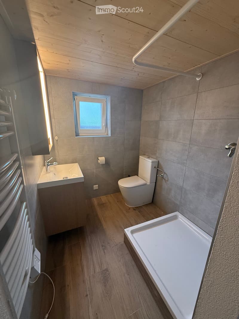 Modern bathroom with wooden flooring, a white sink, toilet, bathtub, and a window with frosted glass. Includes a radiator and a built-in shelf.