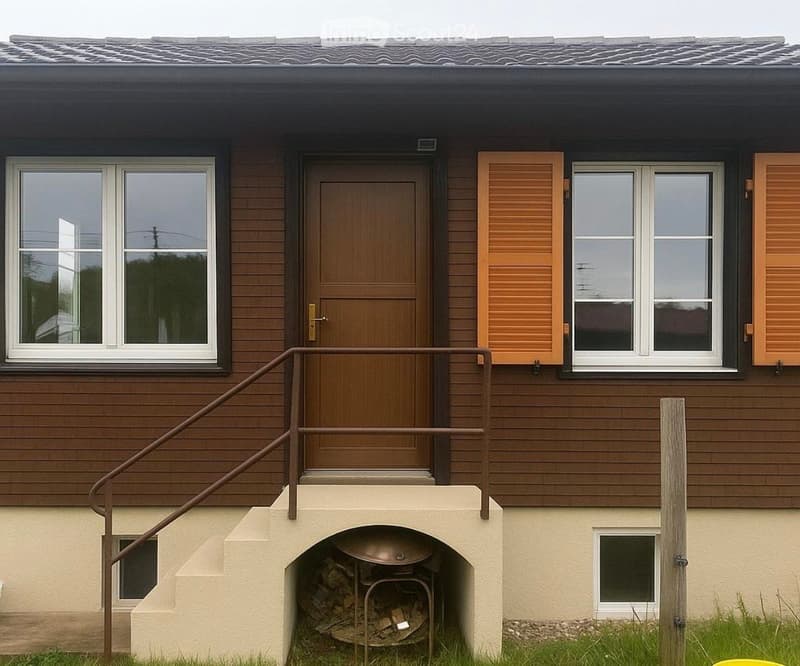 Two-story house with brown wooden siding, white-framed windows, and a wooden front door. Features a raised ground floor with a metal railing and a small storage area beneath the steps.